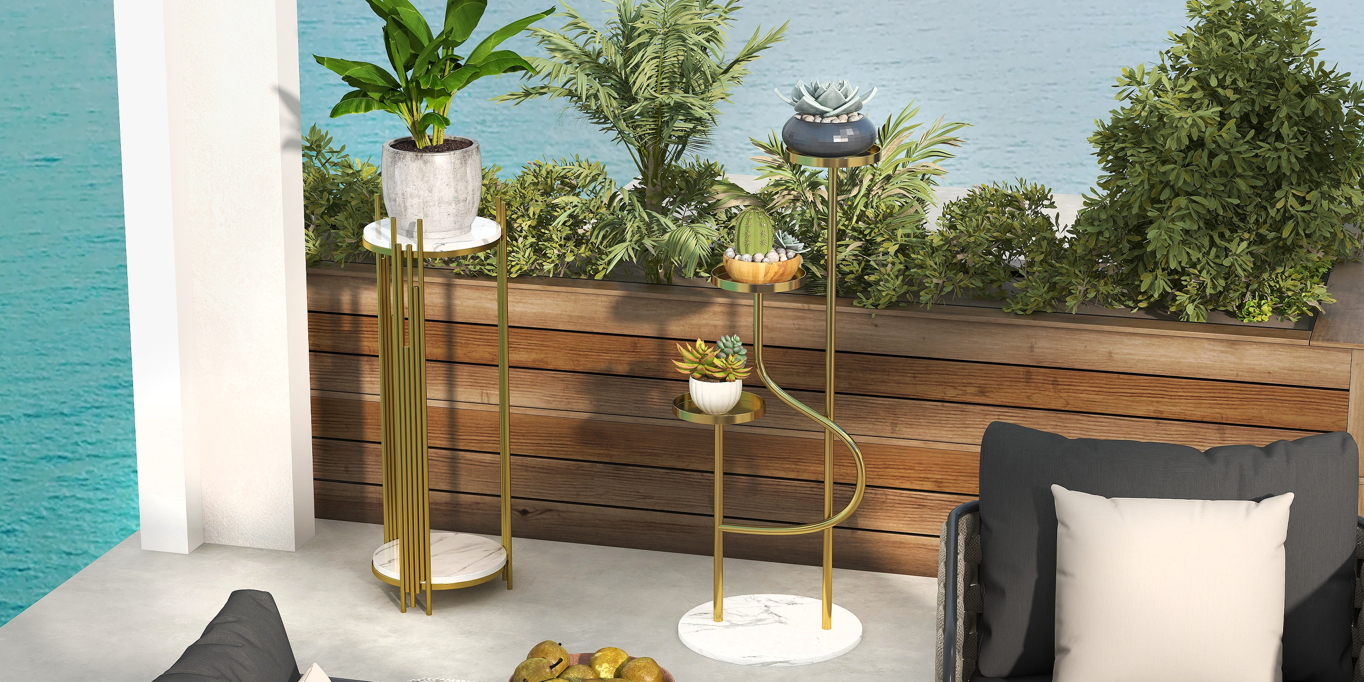 HMR - Martic 4-Pieces Aluminum Rope Outdoor Sofa Set with Faux Marble Coffee Table Cushion Pillow