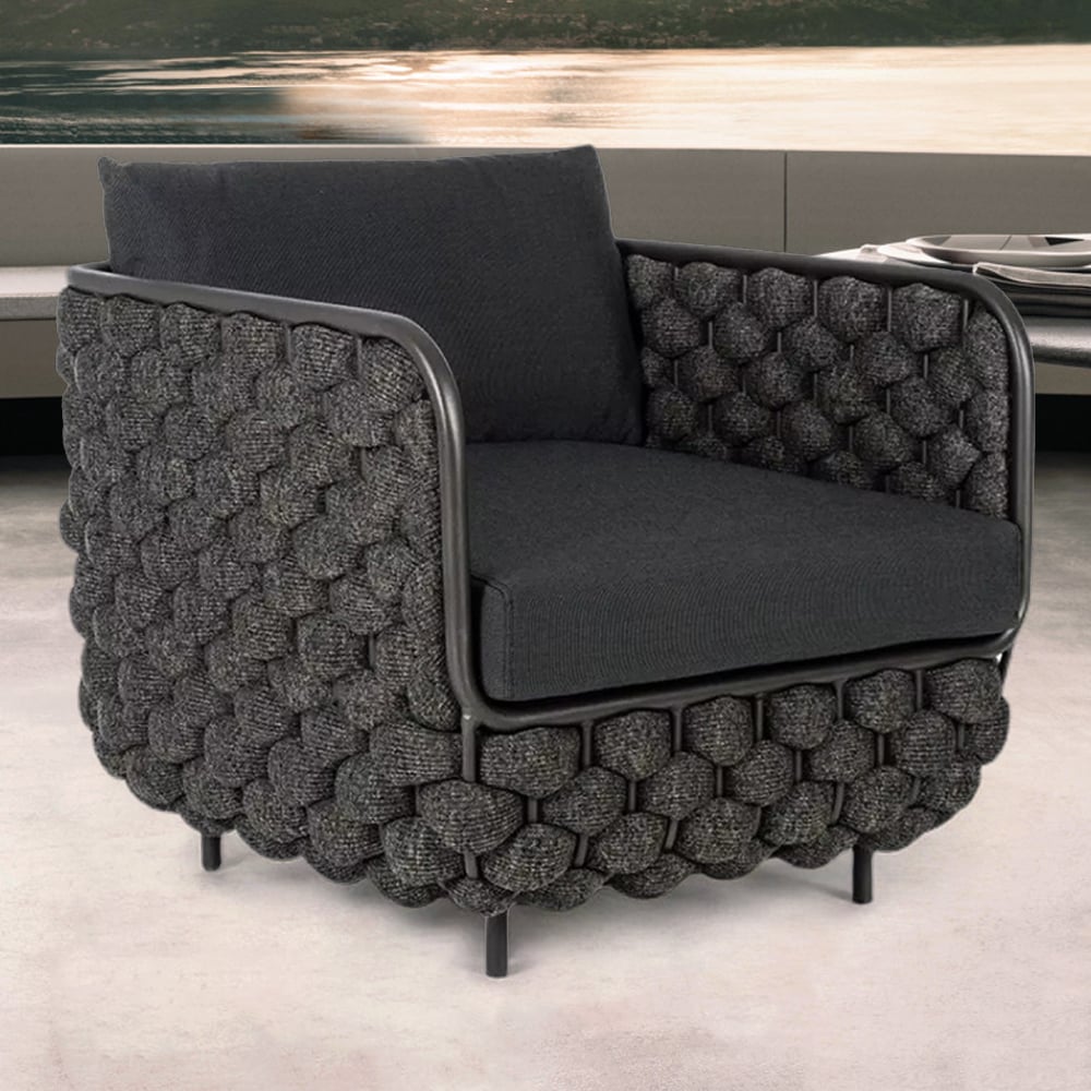 HMR - 27.6" Wide Modern Aluminum & Rope Outdoor Patio Sofa with Cushion in Black