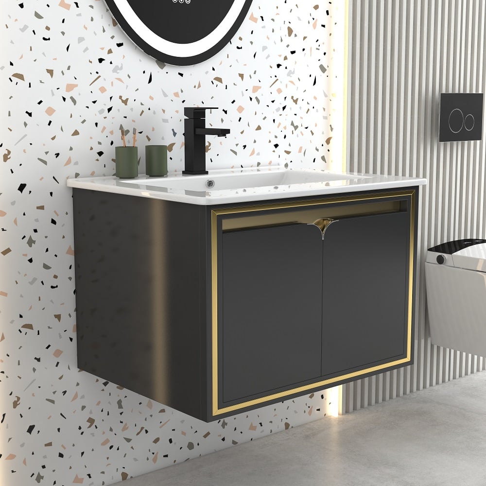 HMR - 24" Floating Bathroom Vanity Set Ceramics Single Sink with Drain in Black & Gold