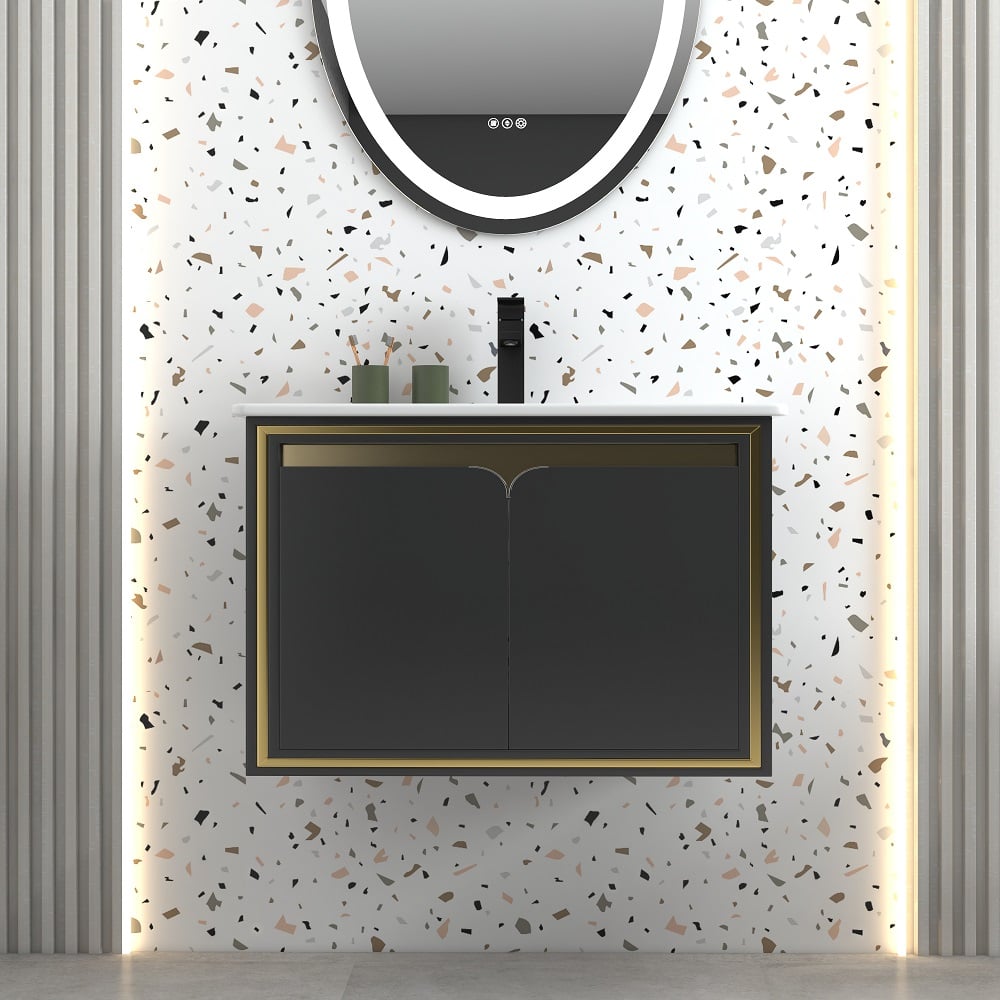 HMR - 24" Floating Bathroom Vanity Set Ceramics Single Sink with Drain in Black & Gold
