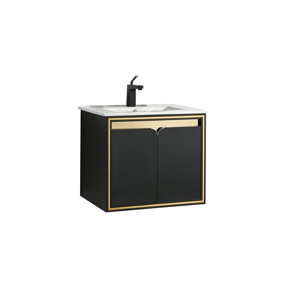 HMR - 24" Floating Bathroom Vanity Set Ceramics Single Sink with Drain in Black & Gold