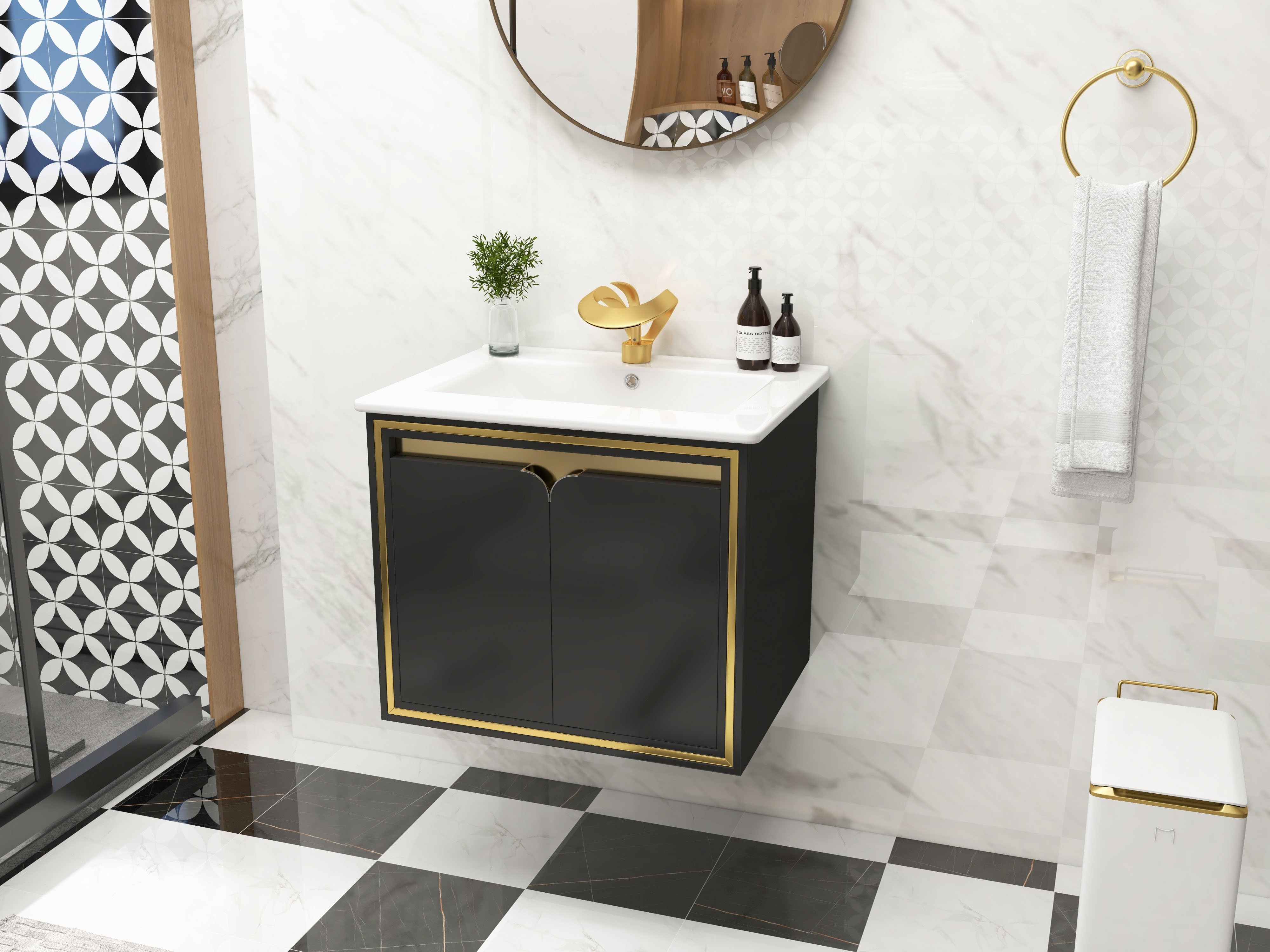 HMR - 24" Floating Bathroom Vanity Set Ceramics Single Sink with Drain in Black & Gold