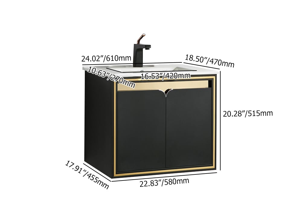 HMR - 24" Floating Bathroom Vanity Set Ceramics Single Sink with Drain in Black & Gold