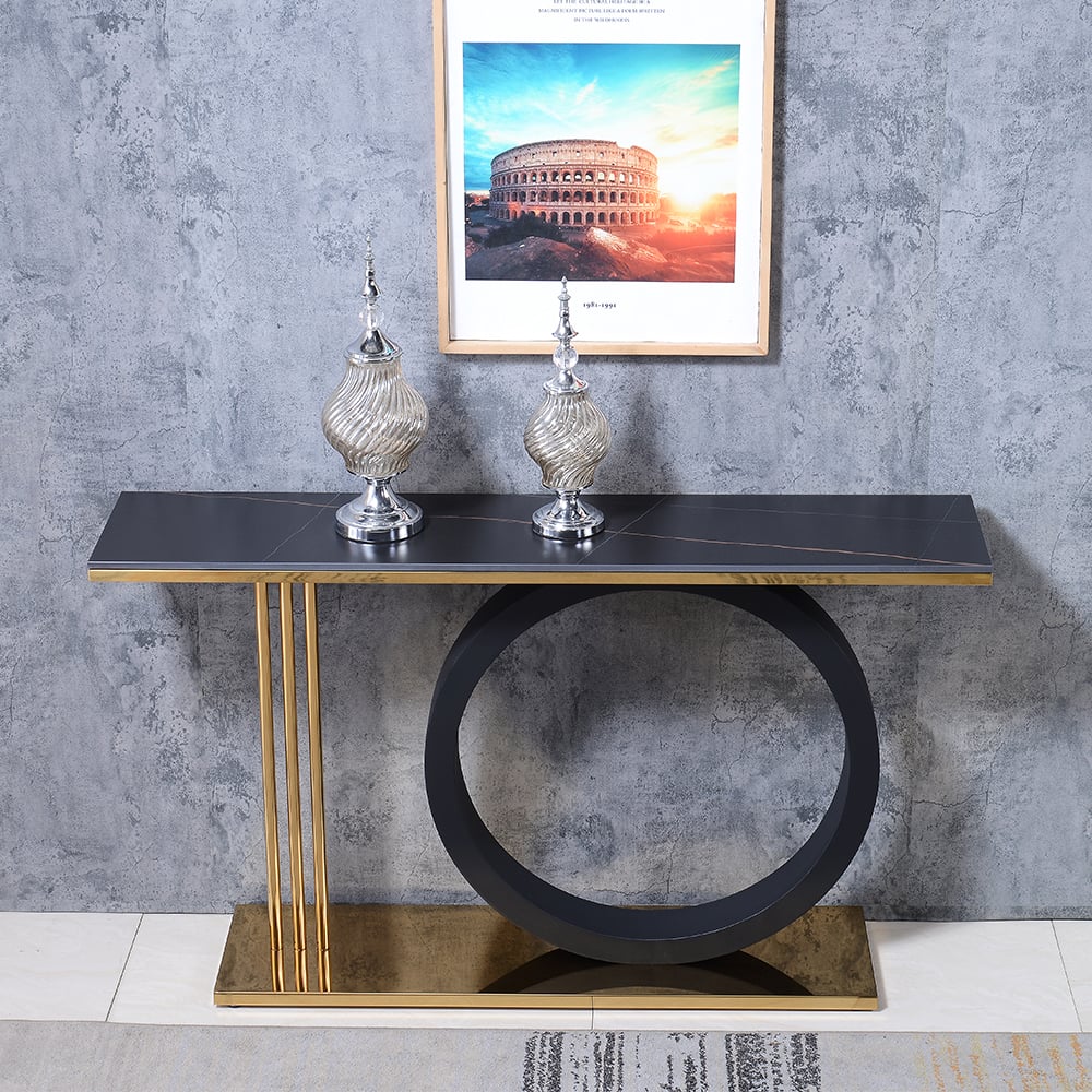 HMR - 55" Post Modern Black Geometry Console Table Sintered Stone Top Stainless Steel Frame
