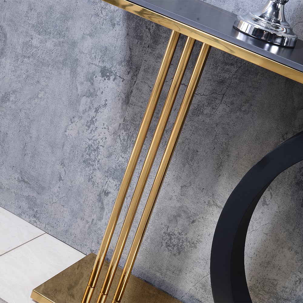 HMR - 55" Post Modern Black Geometry Console Table Sintered Stone Top Stainless Steel Frame