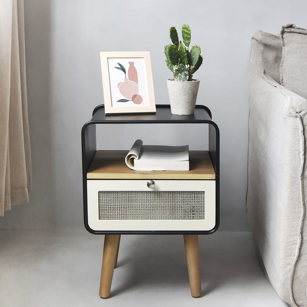 HMR - Rustic Small Nightstand in Black Square Bedside Table with Drawer & Shelf & Wooden Legs