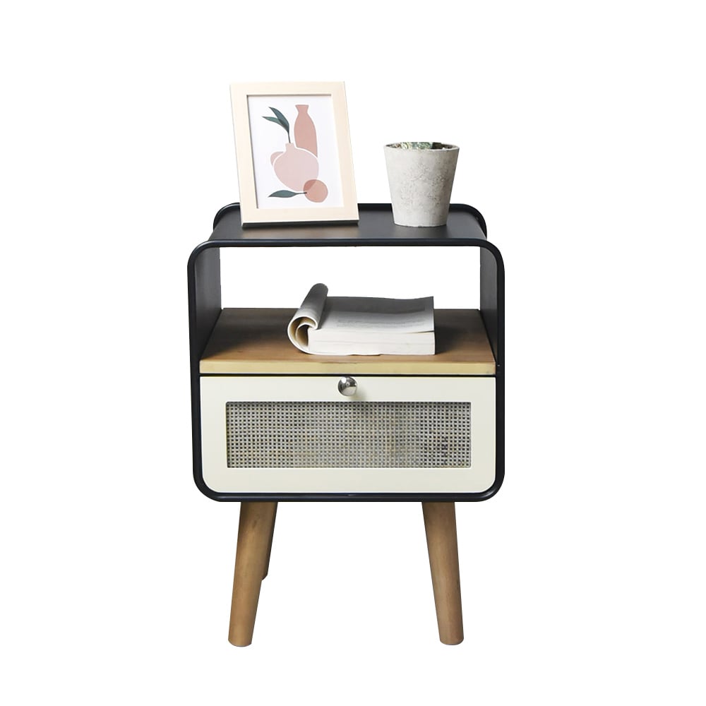 HMR - Rustic Small Nightstand in Black Square Bedside Table with Drawer & Shelf & Wooden Legs
