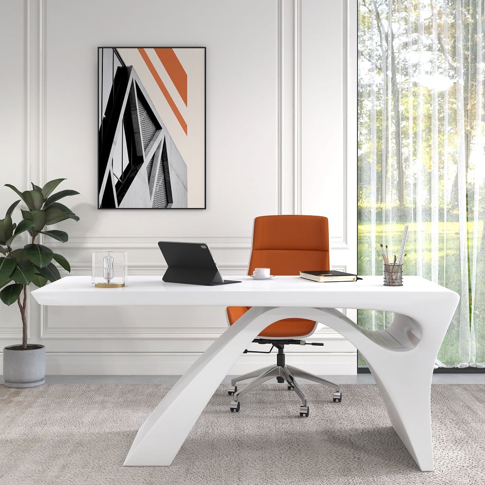 HMR - 2-Pieces Concise Modern White Office Desk and Adjustable Chair