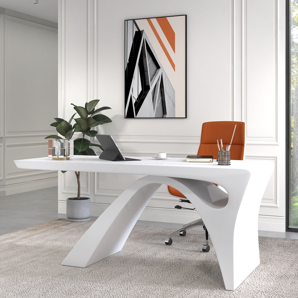 HMR - 2-Pieces Concise Modern White Office Desk and Adjustable Chair