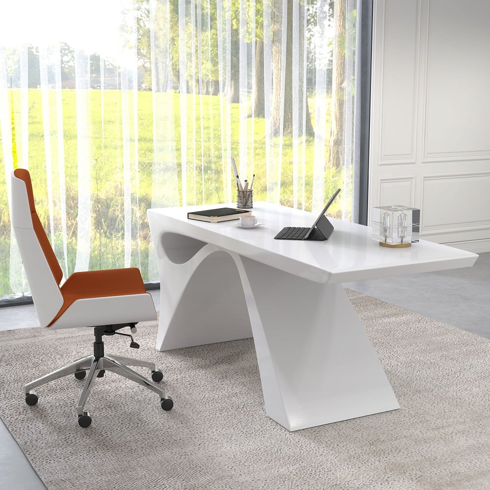 HMR - 2-Pieces Concise Modern White Office Desk and Adjustable Chair
