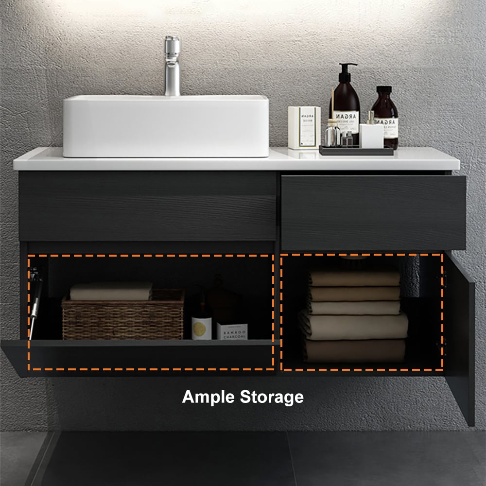 HMR - Modern Floating Bathroom Vanity Set with Faux Marble Top & Double Ceramic with Vessel Sink