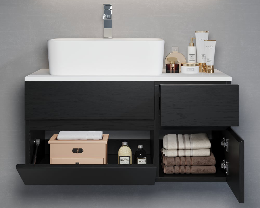 HMR - Modern Floating Bathroom Vanity Set with Faux Marble Top & Double Ceramic with Vessel Sink