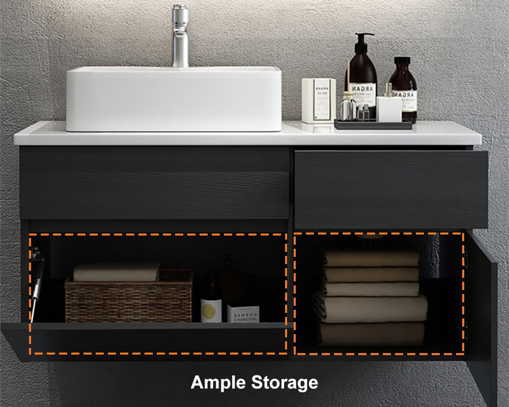 HMR - Modern Floating Bathroom Vanity Set with Faux Marble Top & Double Ceramic with Vessel Sink