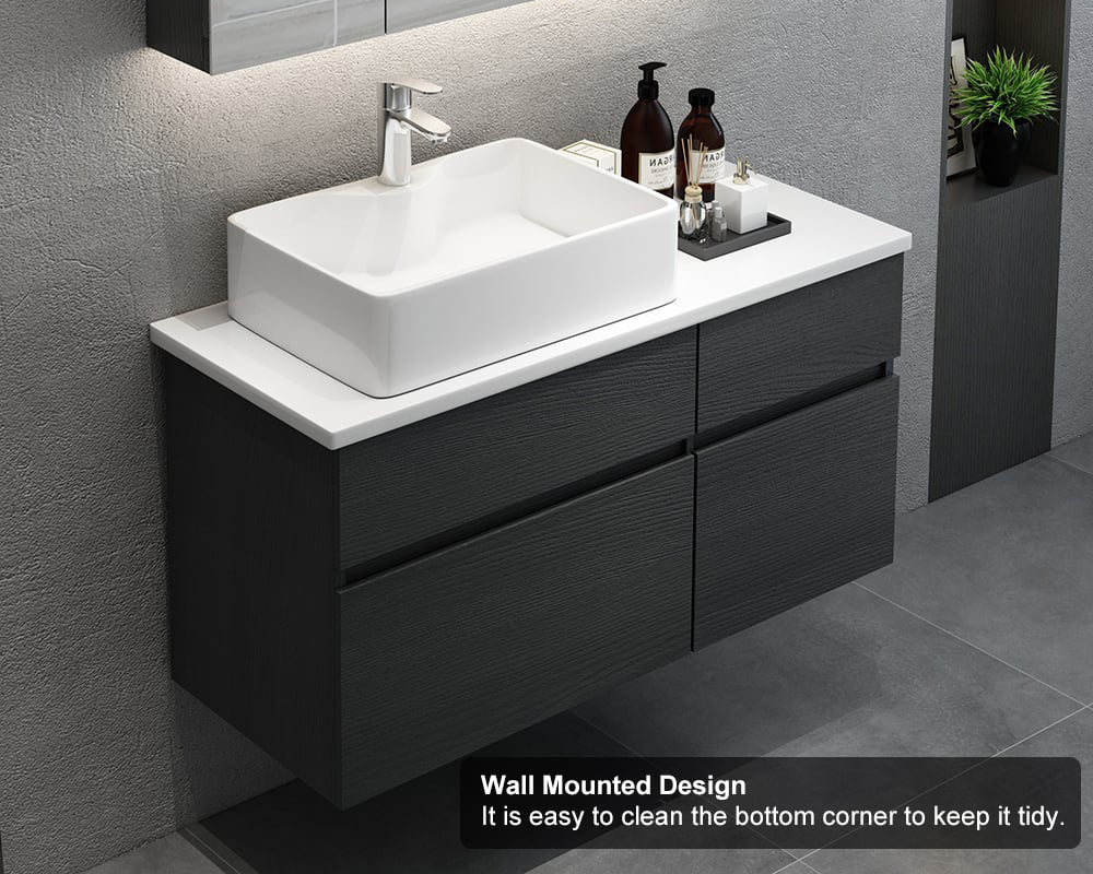 HMR - Modern Floating Bathroom Vanity Set with Faux Marble Top & Double Ceramic with Vessel Sink