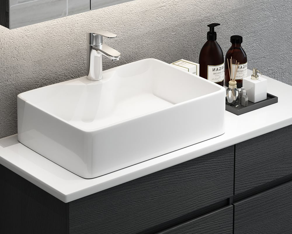 HMR - Modern Floating Bathroom Vanity Set with Faux Marble Top & Double Ceramic with Vessel Sink