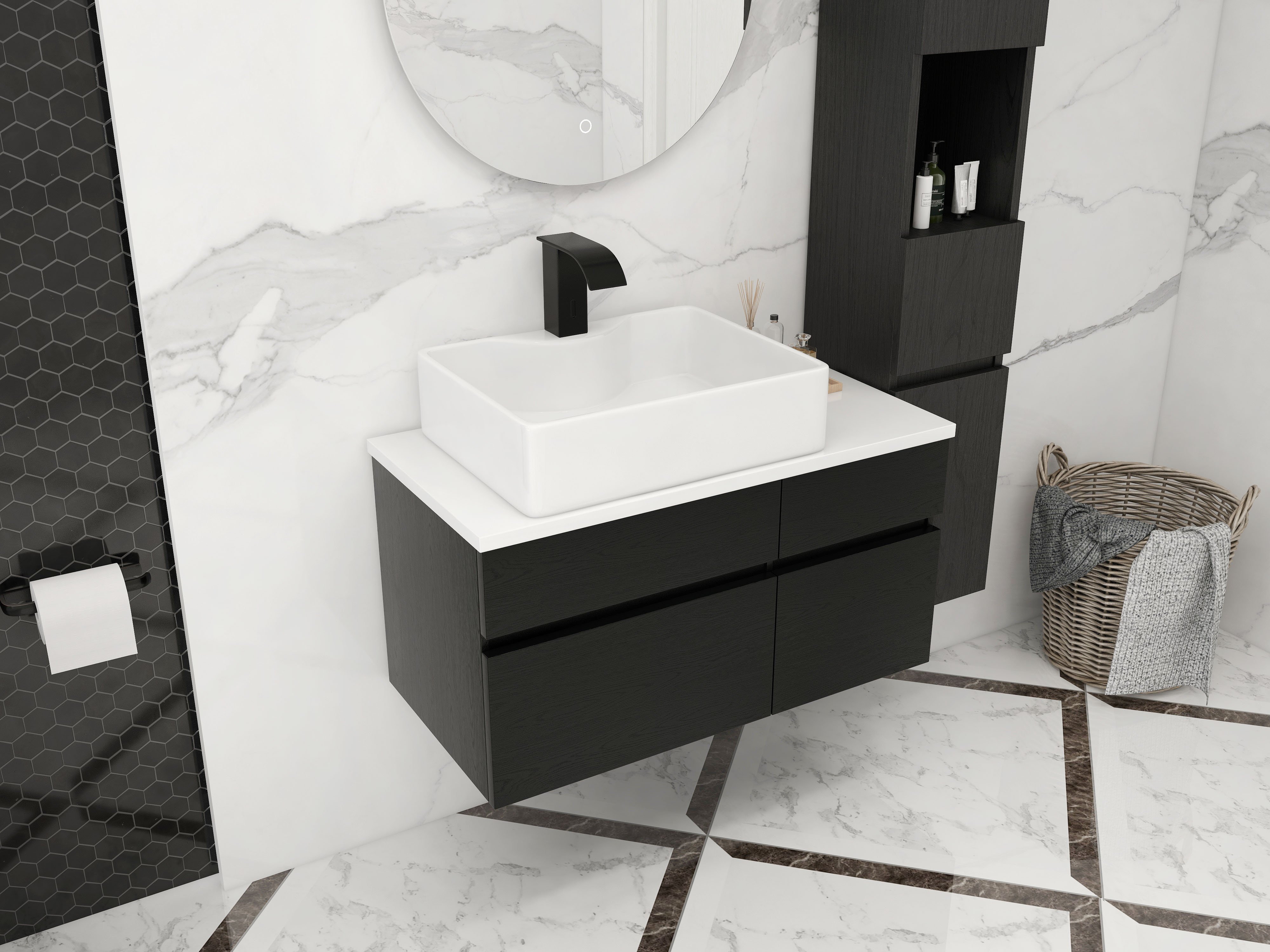 HMR - Modern Floating Bathroom Vanity Set with Faux Marble Top & Double Ceramic with Vessel Sink