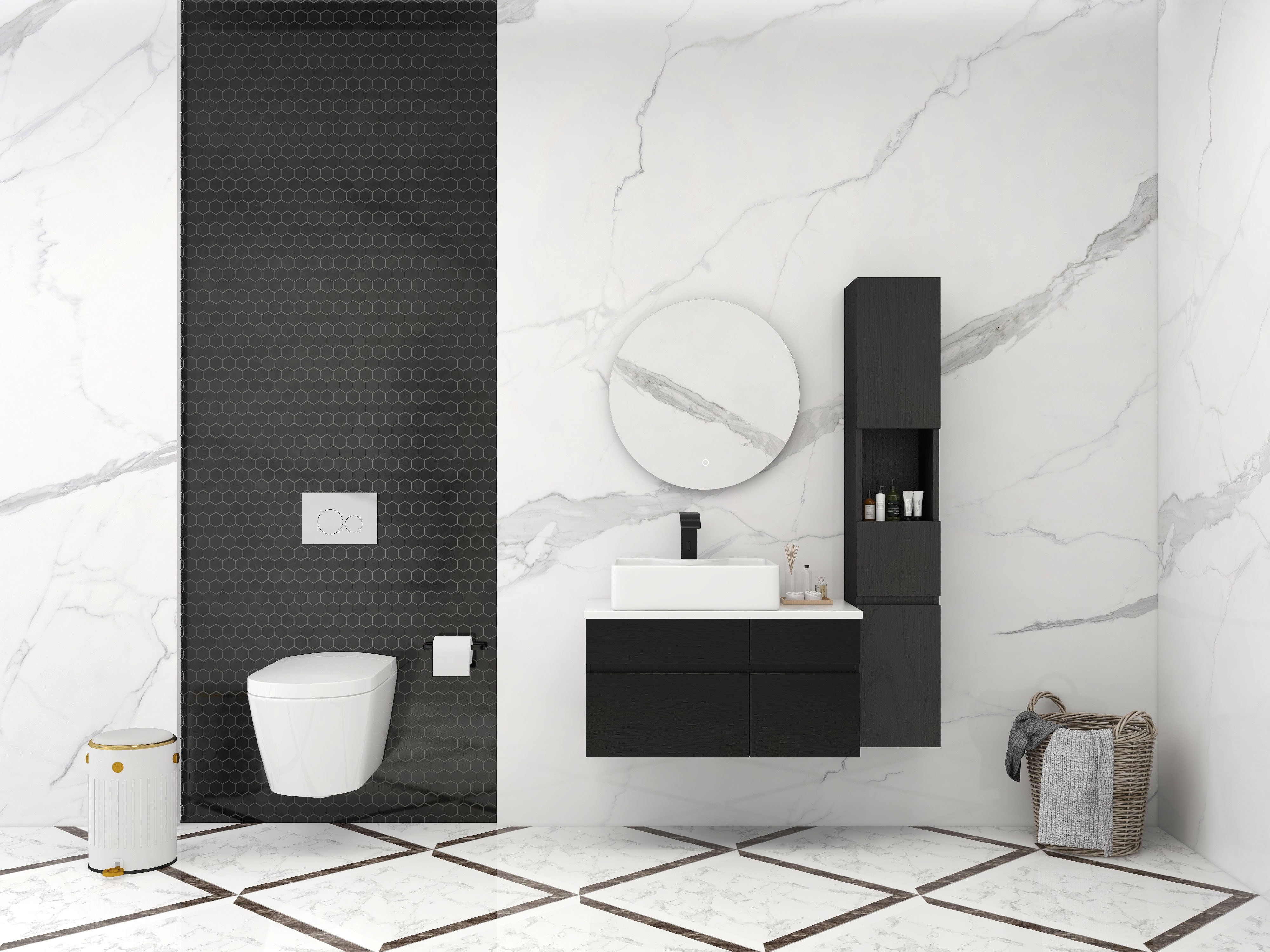 HMR - Modern Floating Bathroom Vanity Set with Faux Marble Top & Double Ceramic with Vessel Sink