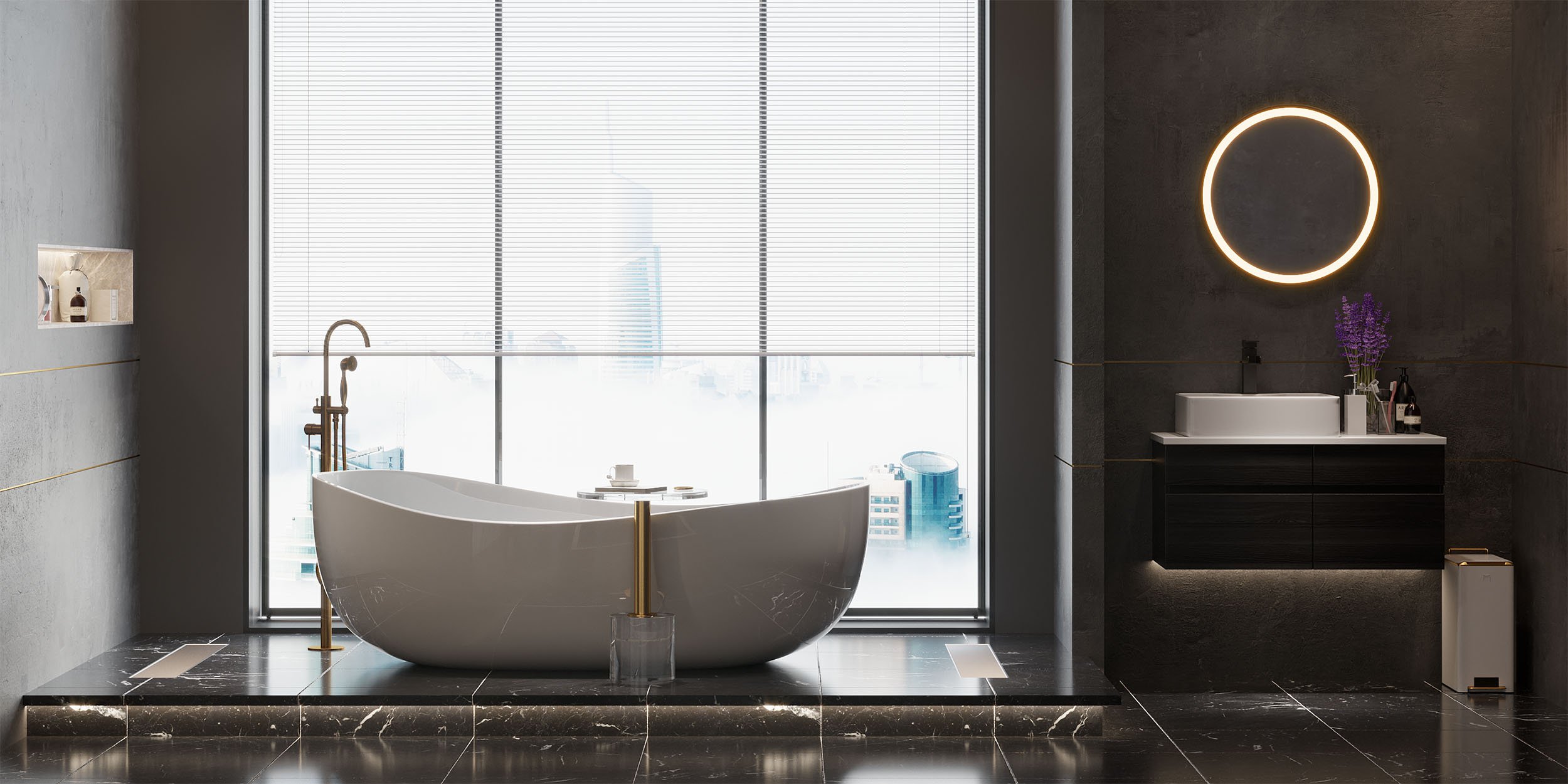 HMR - Modern Floating Bathroom Vanity Set with Faux Marble Top & Double Ceramic with Vessel Sink