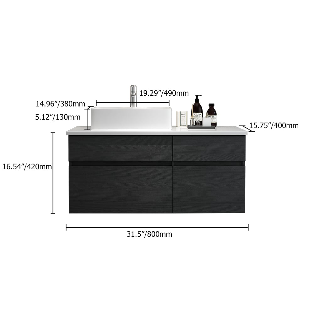 HMR - Modern Floating Bathroom Vanity Set with Faux Marble Top & Double Ceramic with Vessel Sink