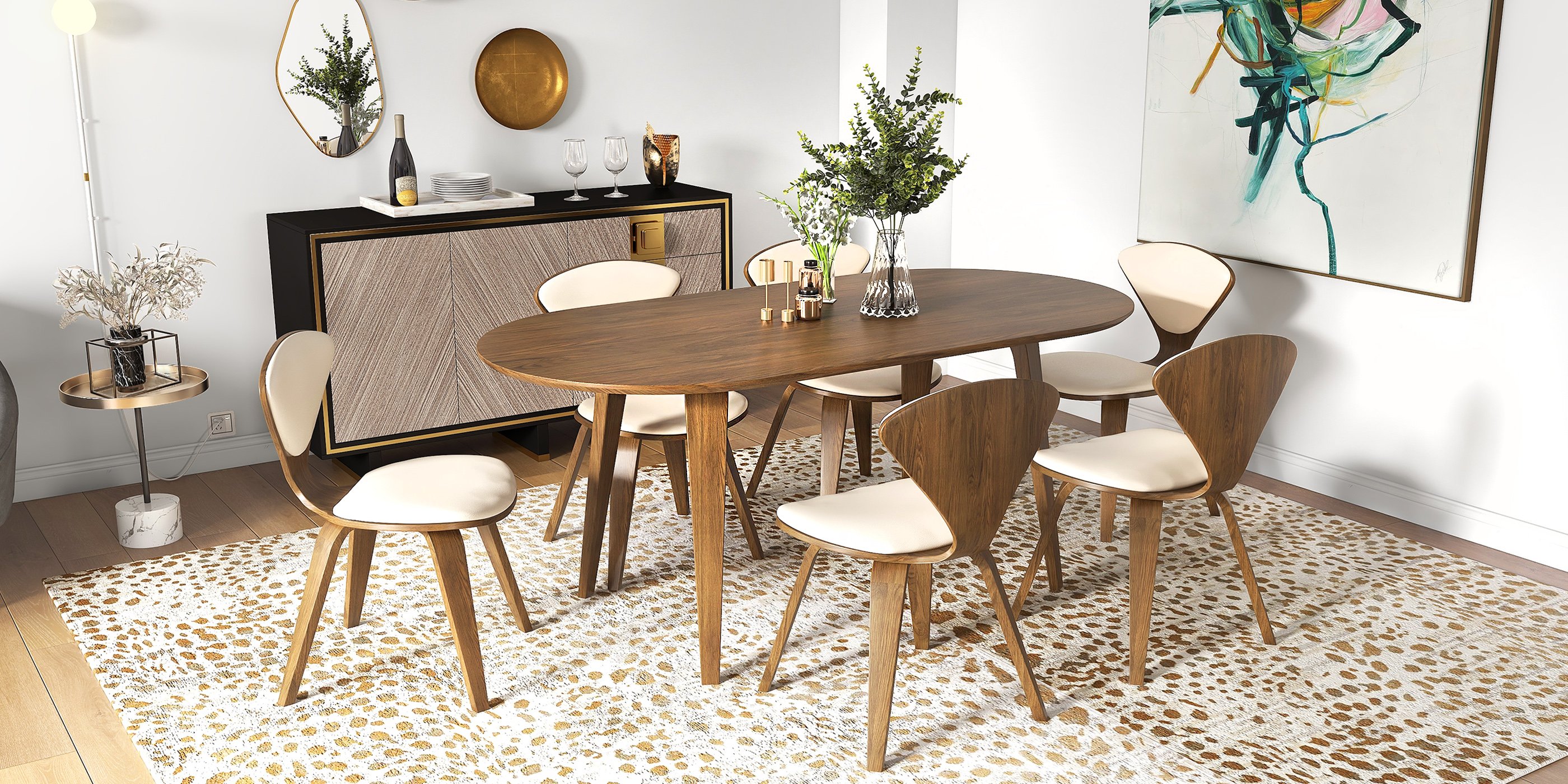 HMR - 63" Mid-Century Modern Oval Wood Dining Table Seats 6 People