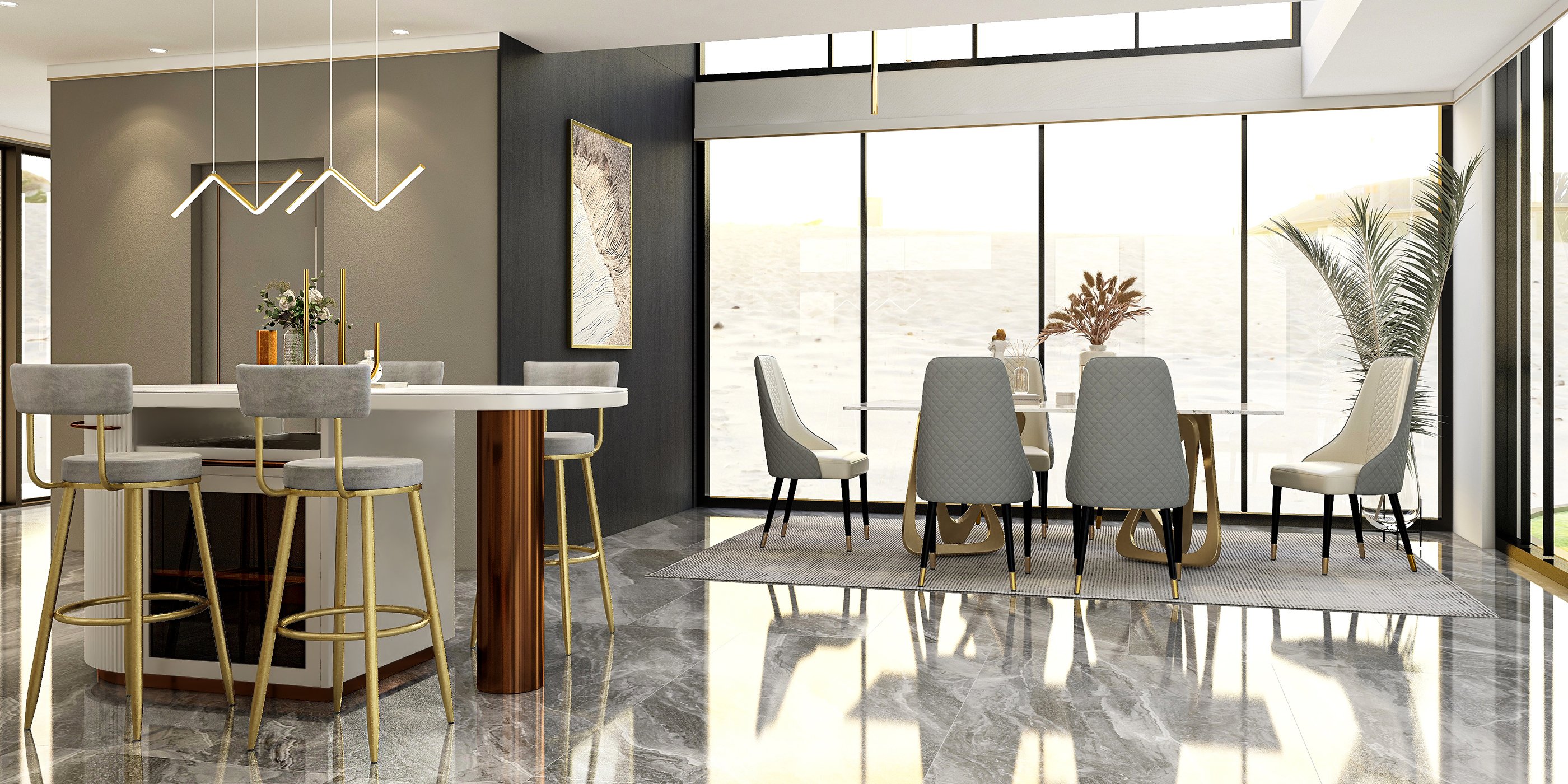HMR - Minimalist Gold LED Island Light Fixture 2-Light Geometric Kitchen Pendant Light