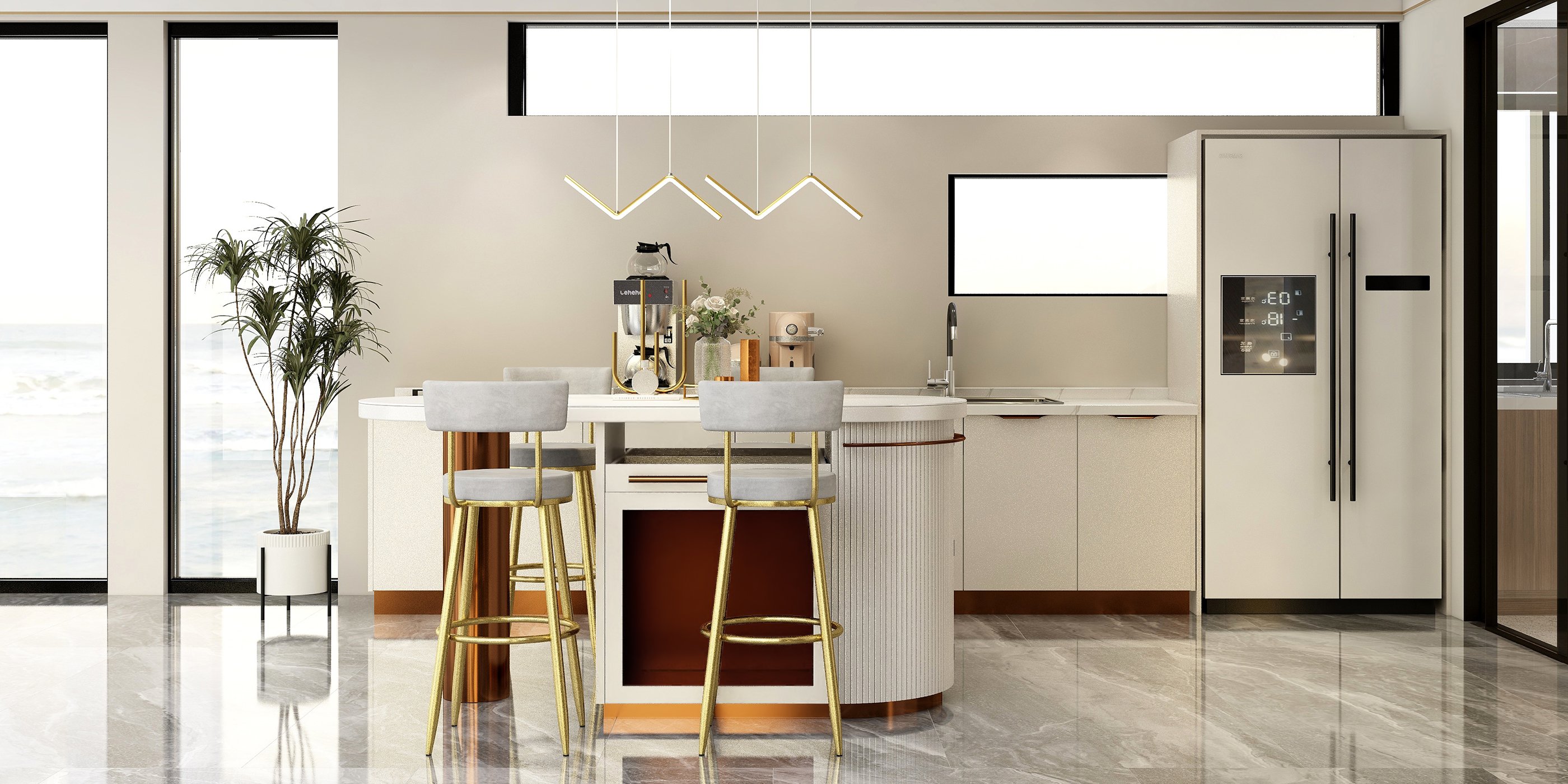 HMR - Minimalist Gold LED Island Light Fixture 2-Light Geometric Kitchen Pendant Light