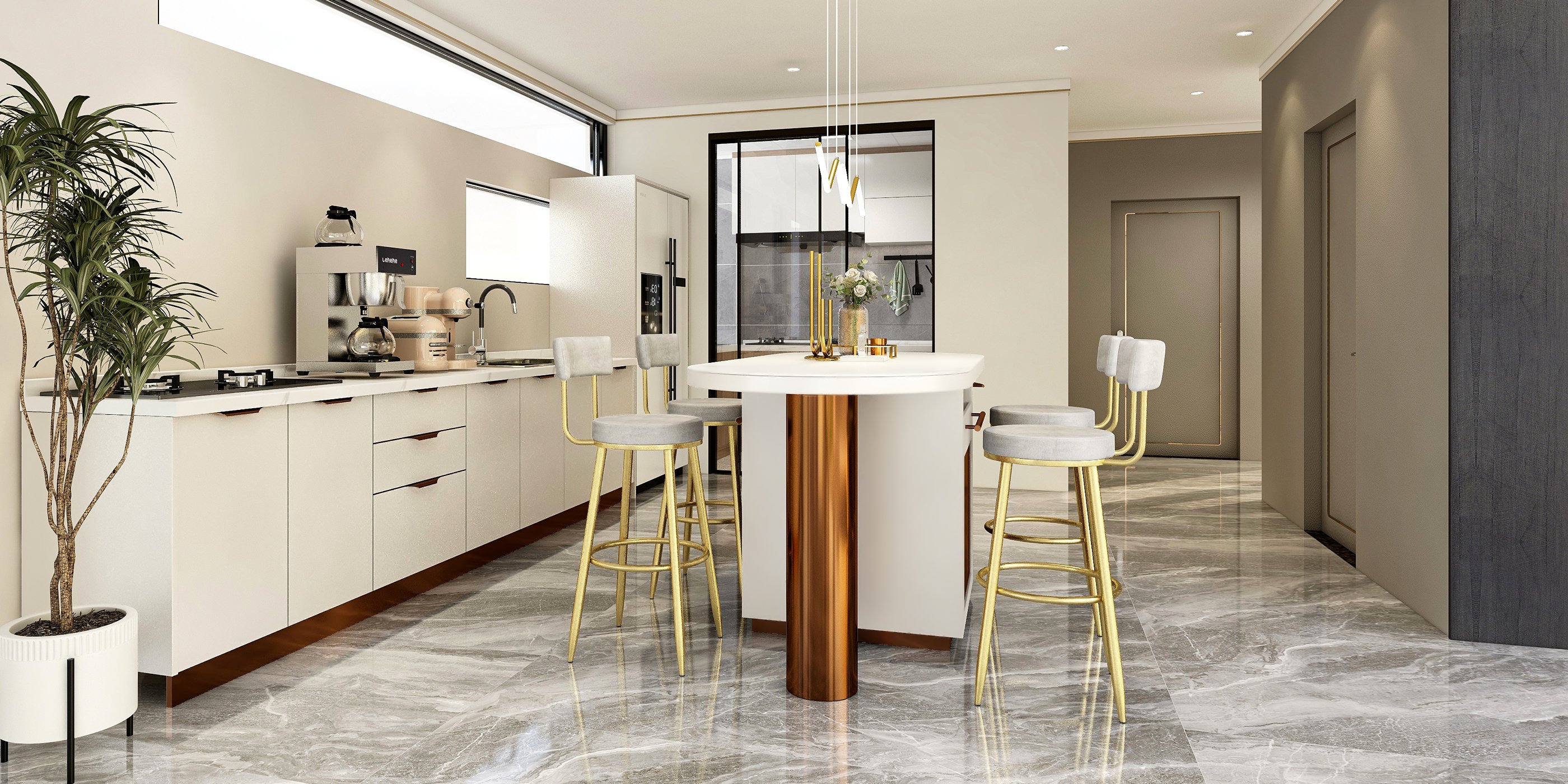 HMR - Minimalist Gold LED Island Light Fixture 2-Light Geometric Kitchen Pendant Light