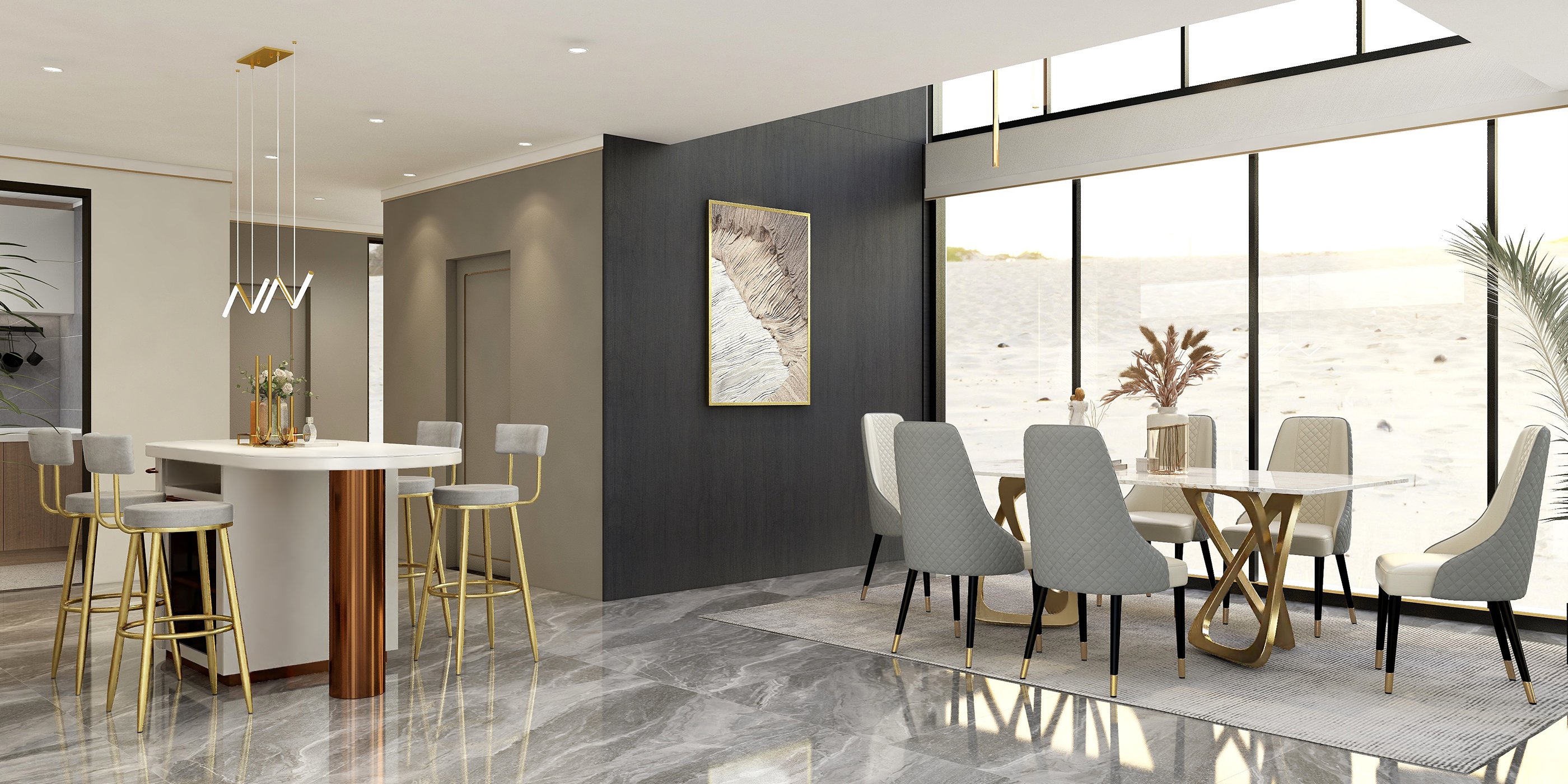 HMR - Minimalist Gold LED Island Light Fixture 2-Light Geometric Kitchen Pendant Light