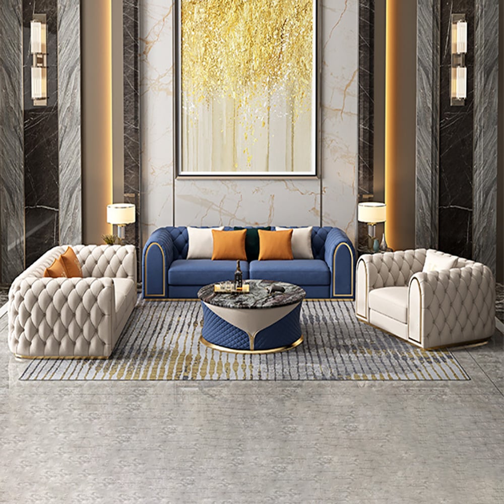 HMR - 3-Piece Blue & Beige Luxury Velvet Upholstered Chesterfield Sofa Living Room Set