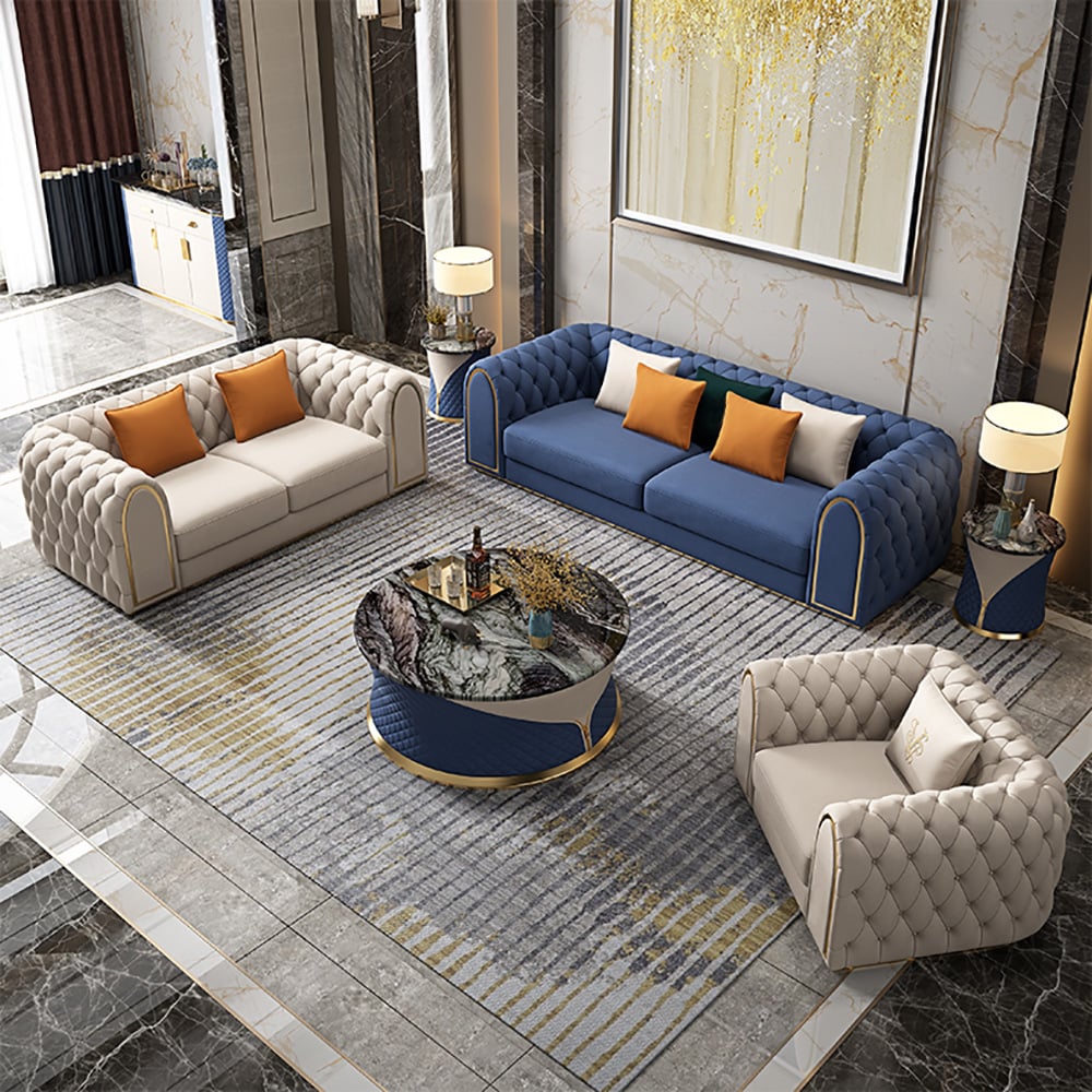 HMR - 3-Piece Blue & Beige Luxury Velvet Upholstered Chesterfield Sofa Living Room Set