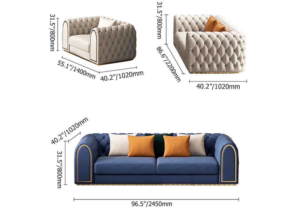 HMR - 3-Piece Blue & Beige Luxury Velvet Upholstered Chesterfield Sofa Living Room Set