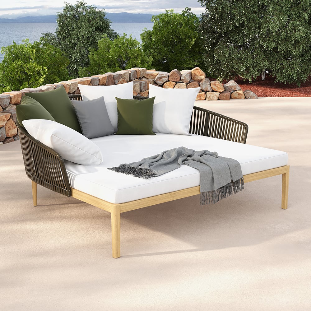 HMR - Modern Style Rattan & Metal Outdoor Patio Daybed with Cushion Pillow