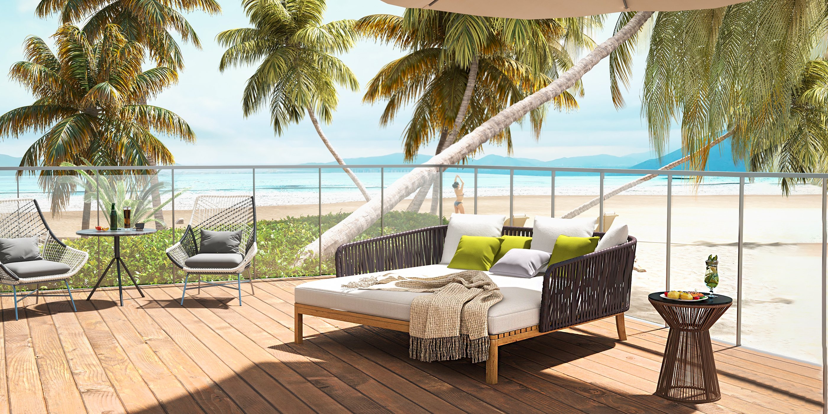 HMR - Modern Style Rattan & Metal Outdoor Patio Daybed with Cushion Pillow