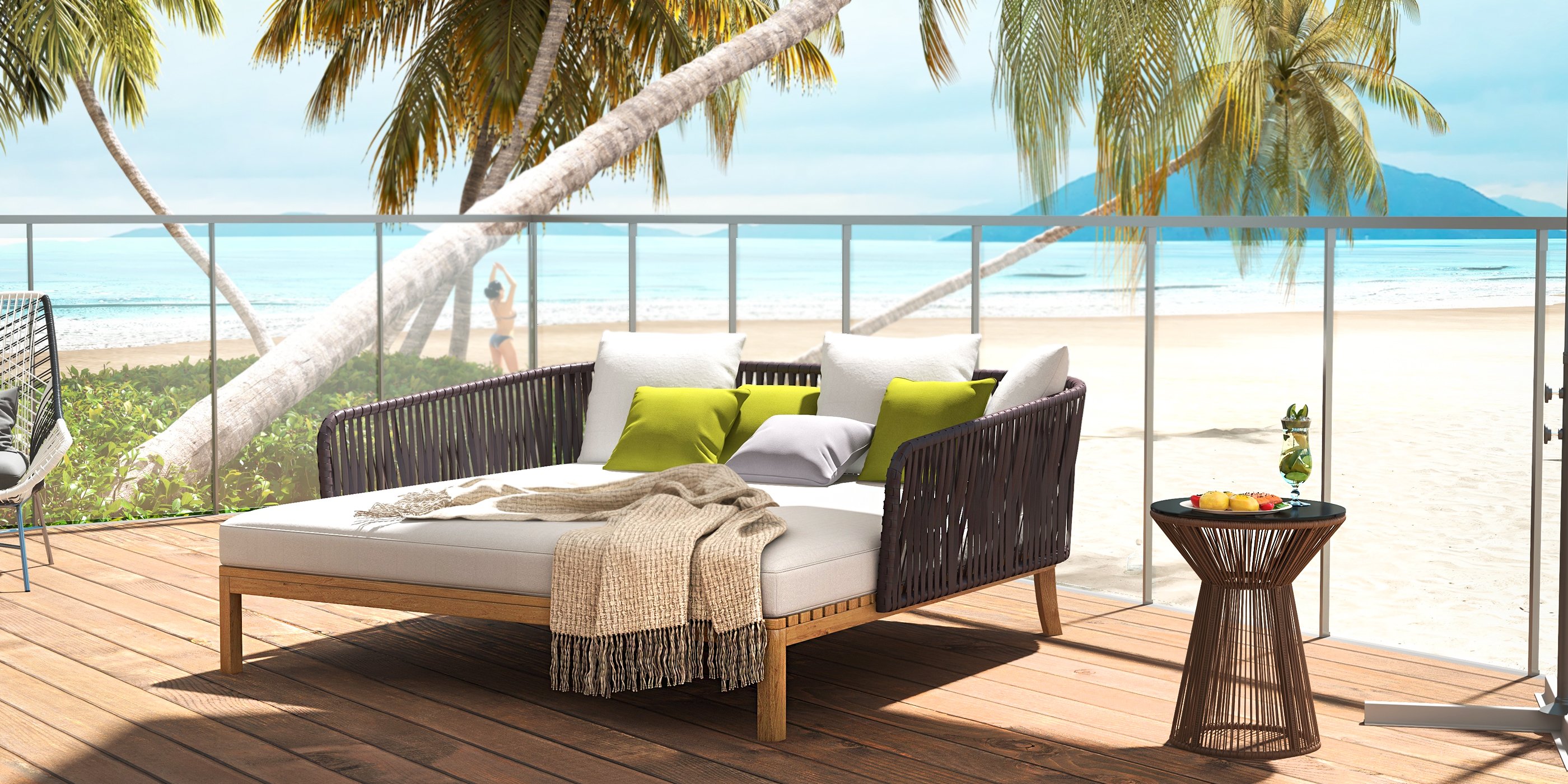 HMR - Modern Style Rattan & Metal Outdoor Patio Daybed with Cushion Pillow