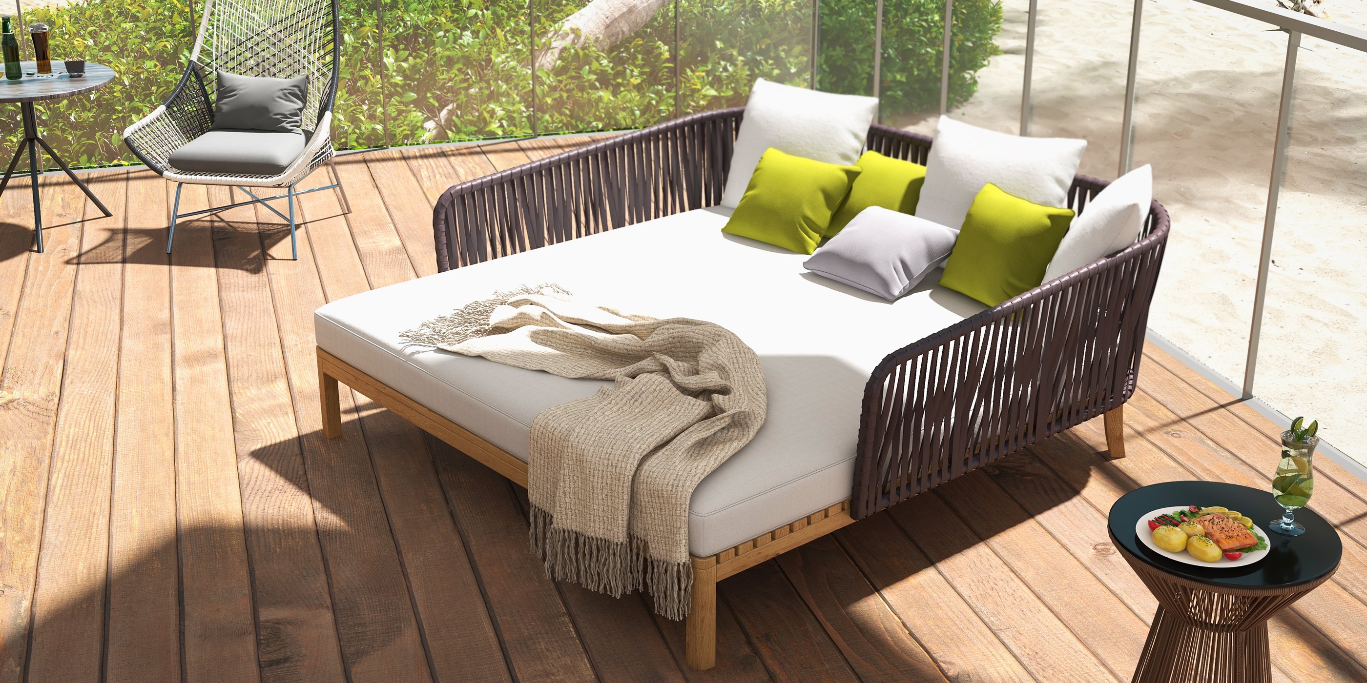HMR - Modern Style Rattan & Metal Outdoor Patio Daybed with Cushion Pillow