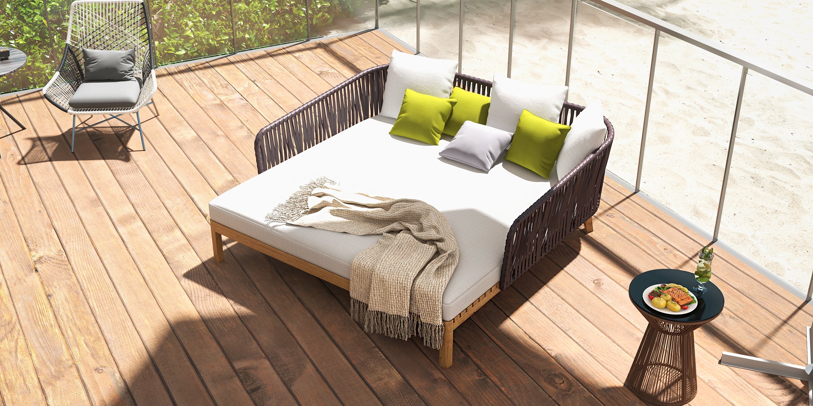 HMR - Modern Style Rattan & Metal Outdoor Patio Daybed with Cushion Pillow