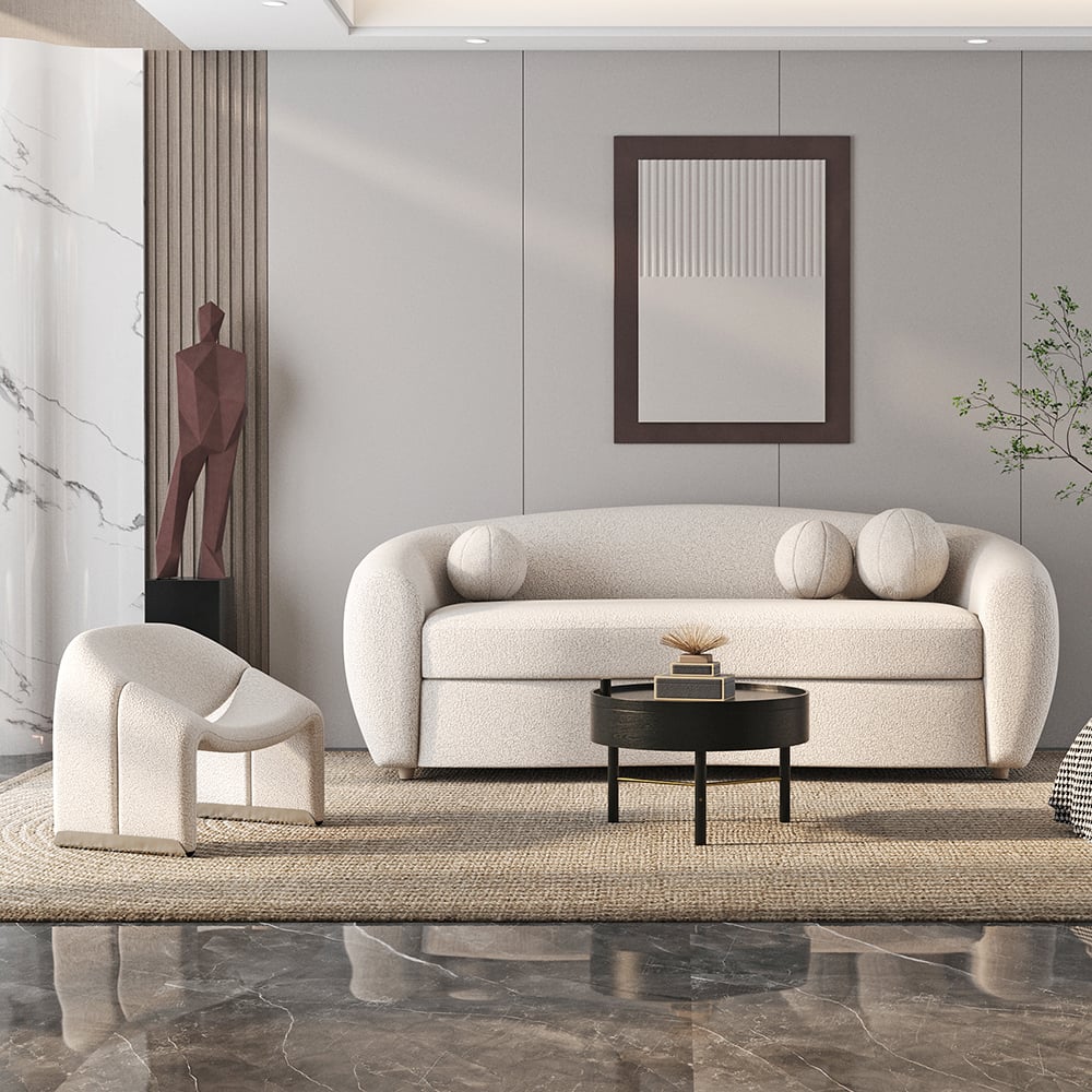 HMR - 82" Modern White Teddy Velvet 3 Seaters Curved Sofa for Living Room