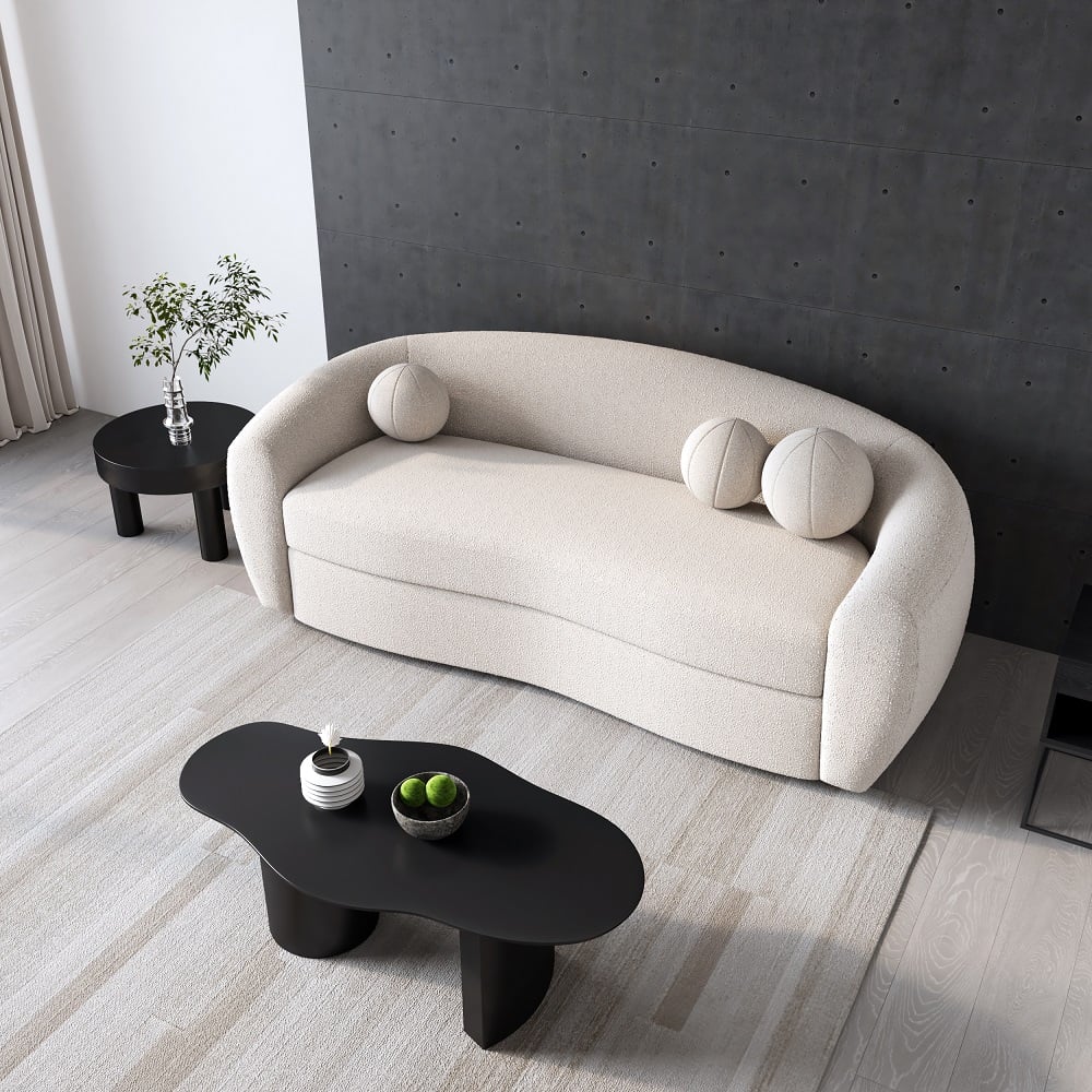 HMR - 82" Modern White Teddy Velvet 3 Seaters Curved Sofa for Living Room
