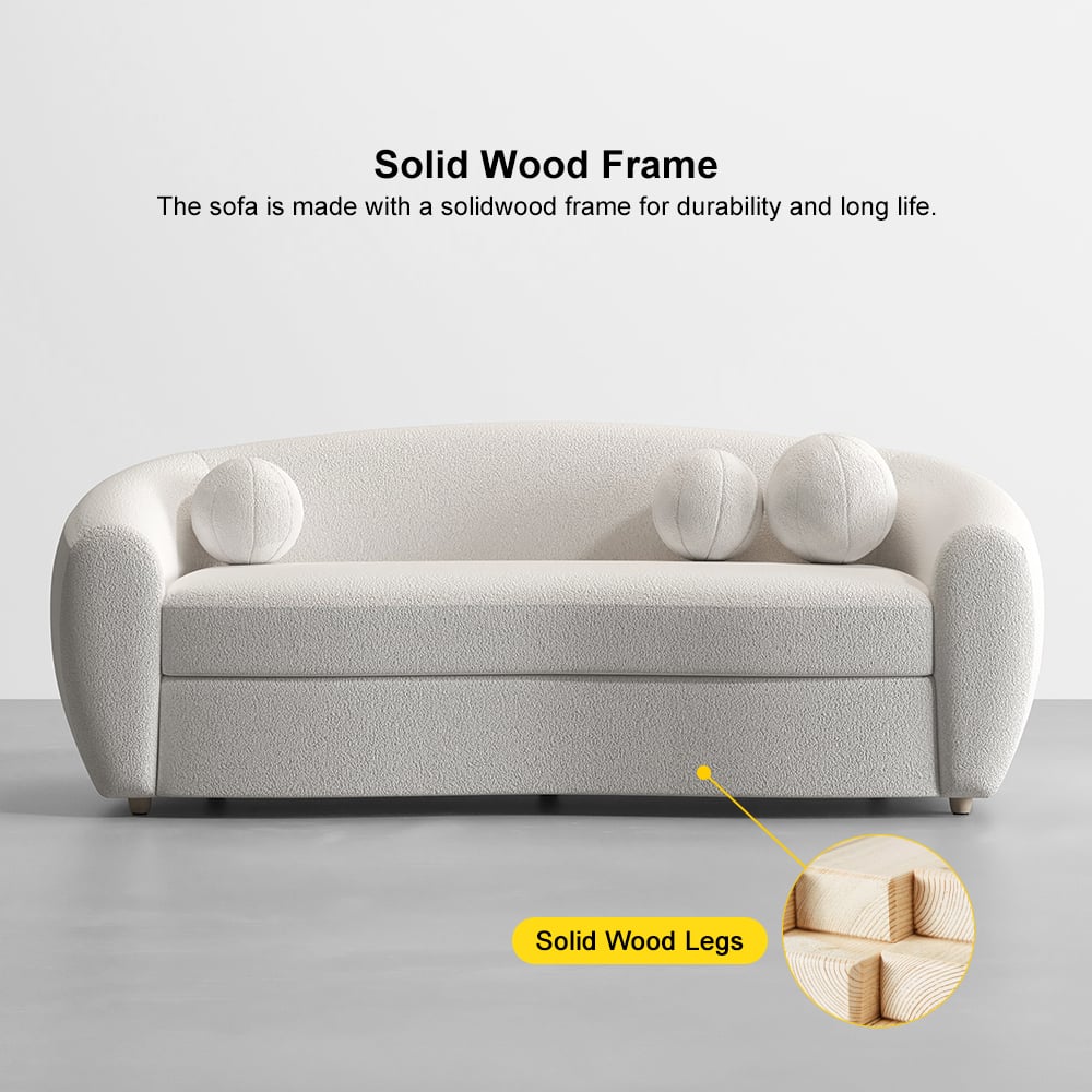HMR - 82" Modern White Teddy Velvet 3 Seaters Curved Sofa for Living Room