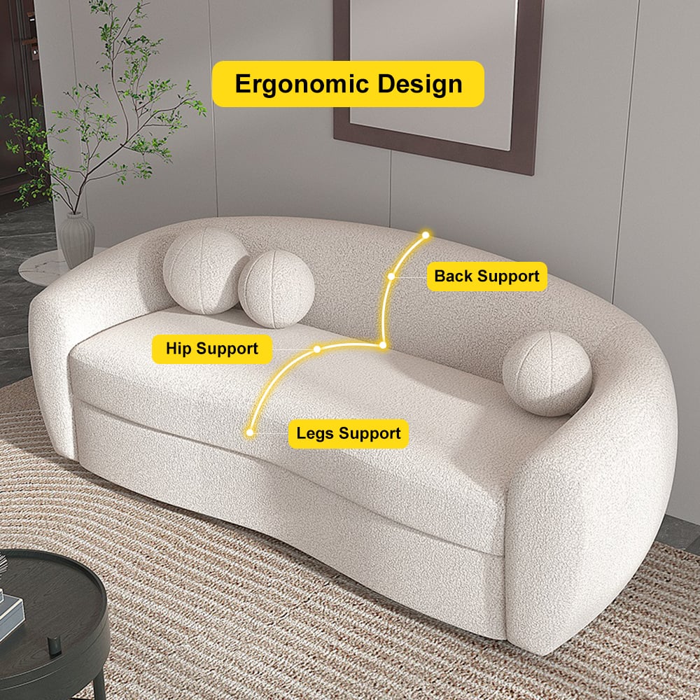 HMR - 82" Modern White Teddy Velvet 3 Seaters Curved Sofa for Living Room
