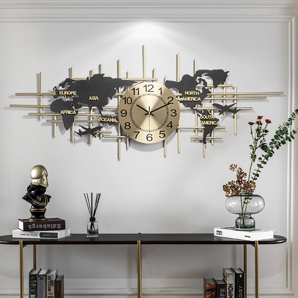 HMR - 38" Modern Metal Large Map Wall Clock Decor Creative Silent Clocks Art for Living Room