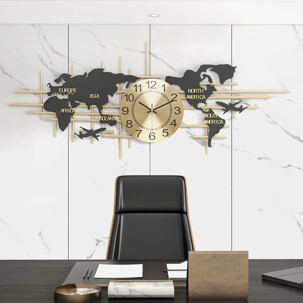 HMR - 38" Modern Metal Large Map Wall Clock Decor Creative Silent Clocks Art for Living Room