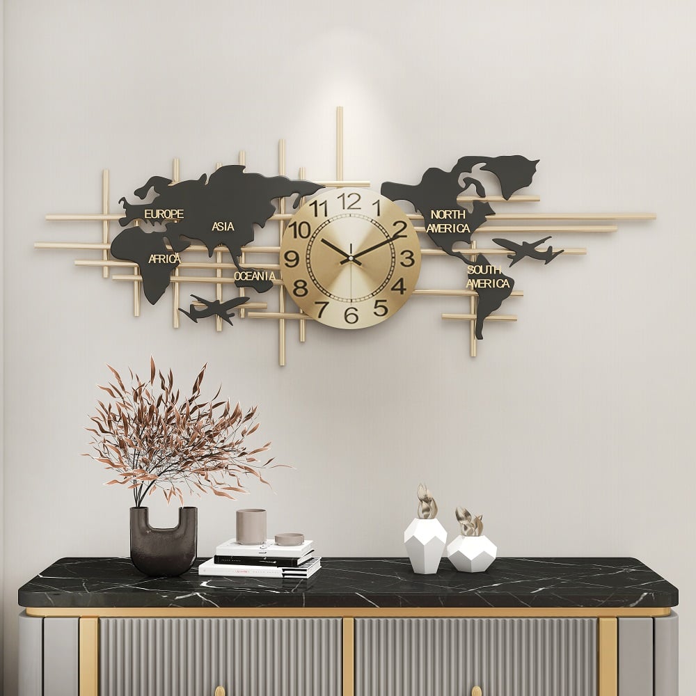 HMR - 38" Modern Metal Large Map Wall Clock Decor Creative Silent Clocks Art for Living Room