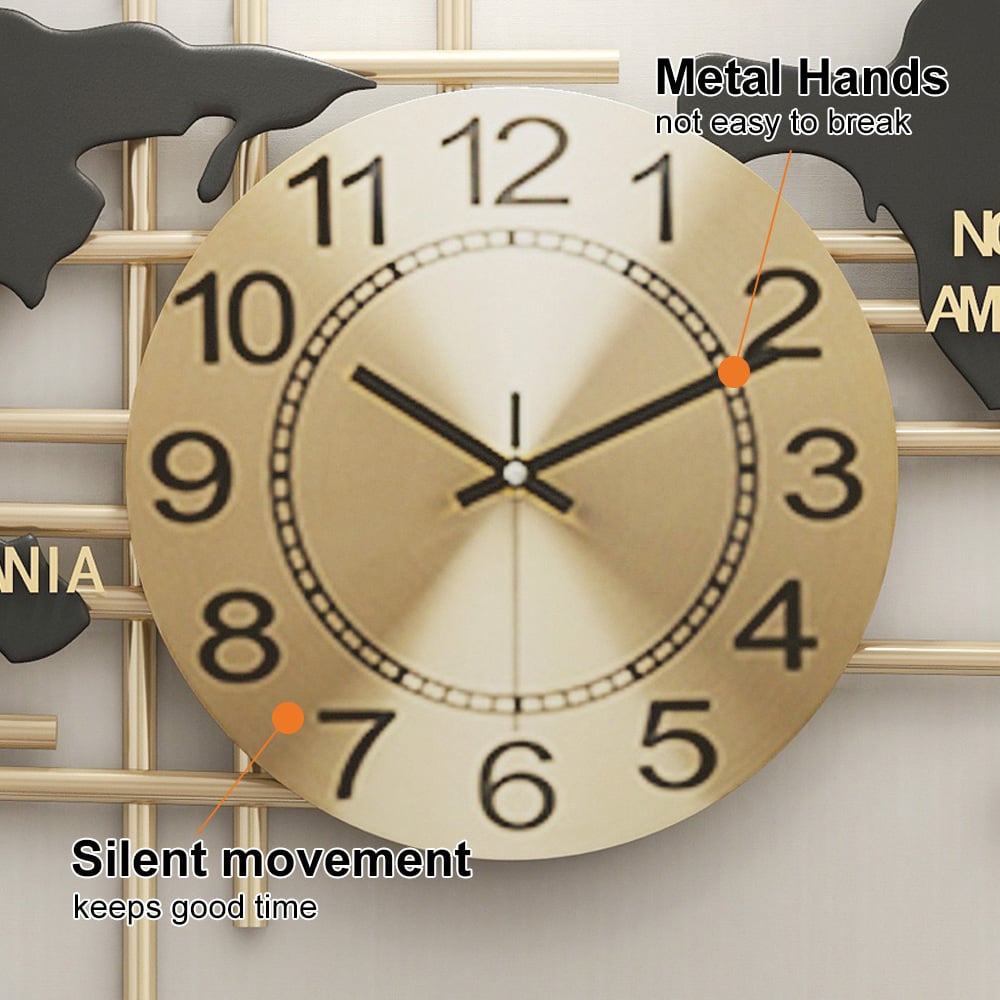 HMR - 38" Modern Metal Large Map Wall Clock Decor Creative Silent Clocks Art for Living Room