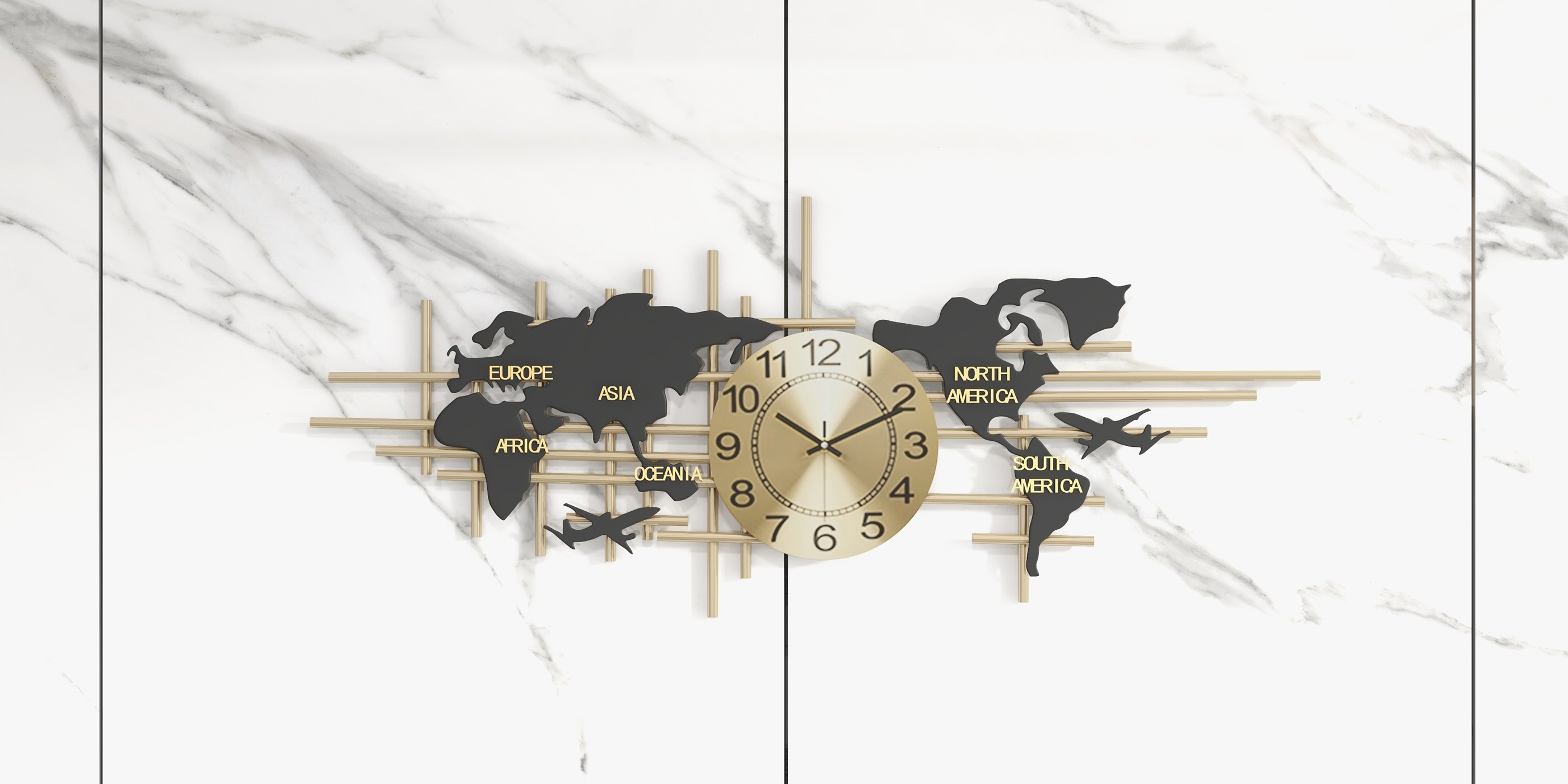 HMR - 38" Modern Metal Large Map Wall Clock Decor Creative Silent Clocks Art for Living Room