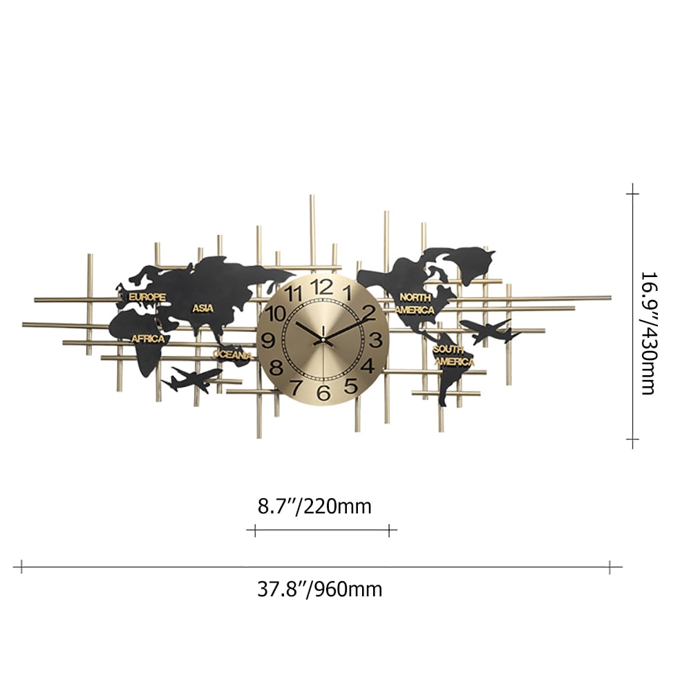 HMR - 38" Modern Metal Large Map Wall Clock Decor Creative Silent Clocks Art for Living Room