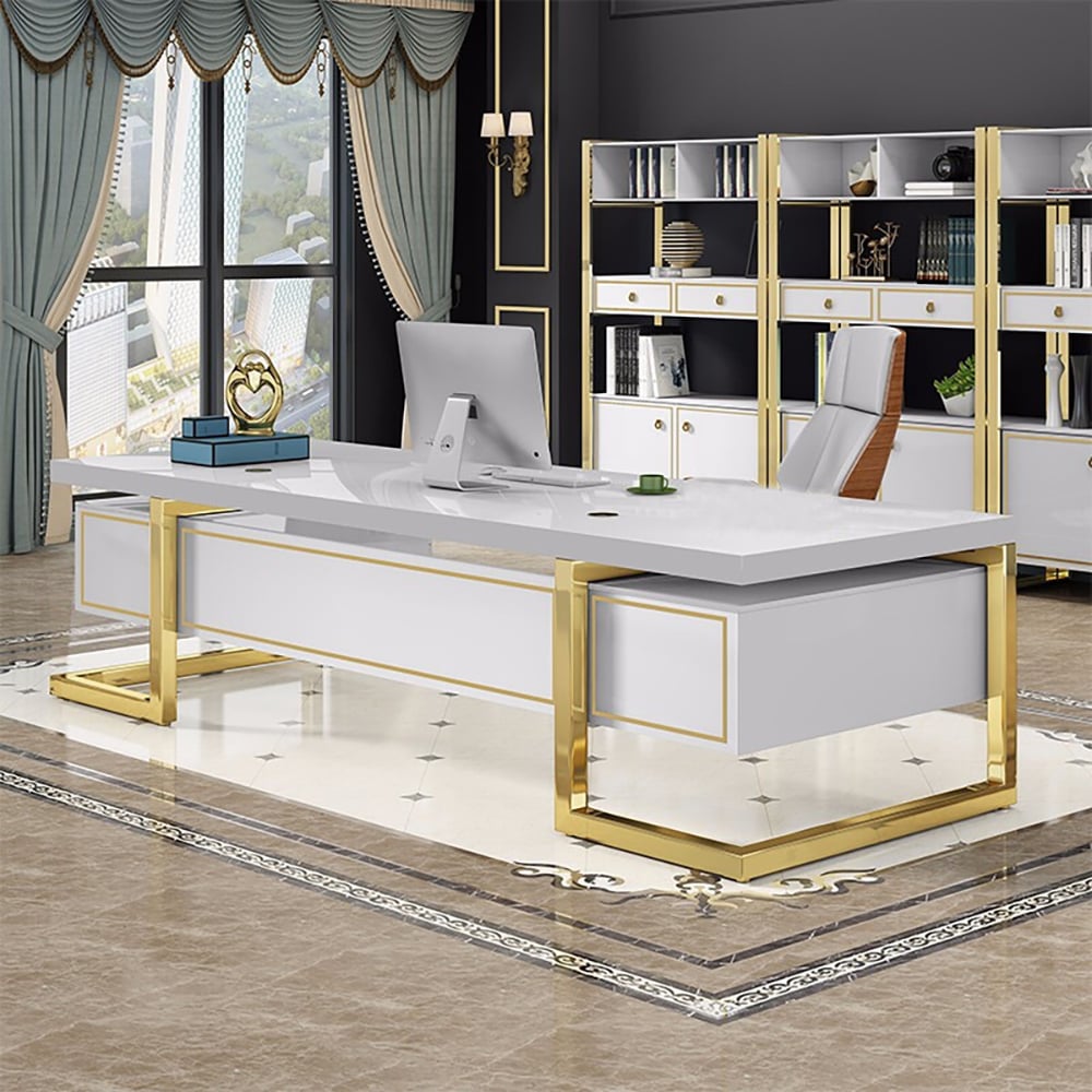 HMR Holf Modern Rectangular Executive Office Desk with 4 Drawers - White/Gold, 63.0"