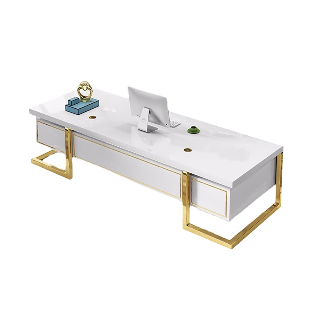 HMR Holf Modern Rectangular Executive Office Desk with 4 Drawers - White/Gold, 63.0"