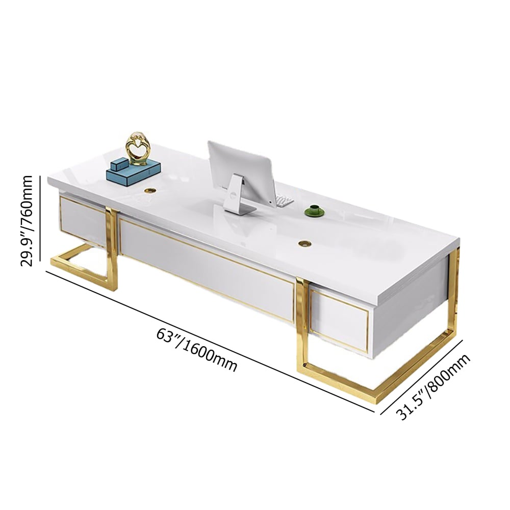 HMR Holf Modern Rectangular Executive Office Desk with 4 Drawers - White/Gold, 63.0"