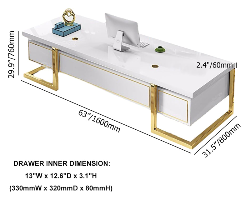 HMR Holf Modern Rectangular Executive Office Desk with 4 Drawers - White/Gold, 63.0"